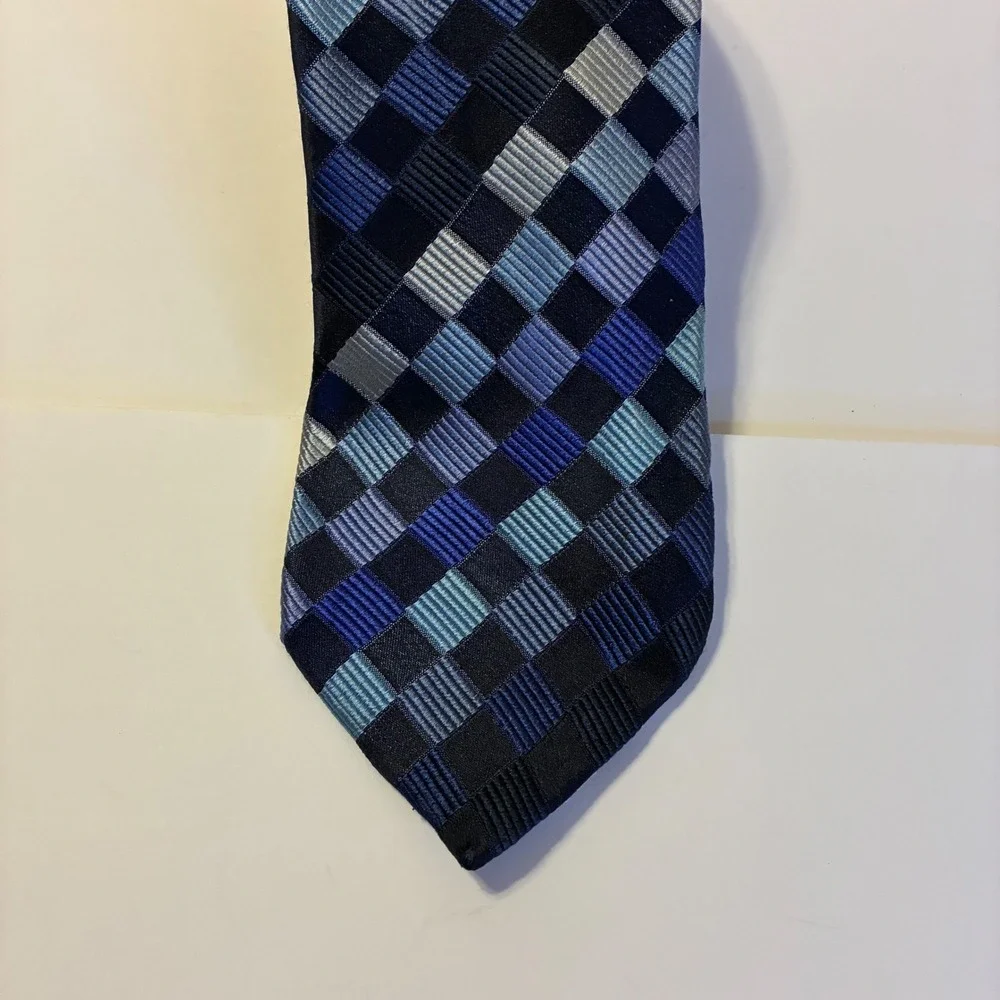 Boss Hugo Boss Silk Necktie Blue Checkered Geometric Made In Italy Blokecore 56